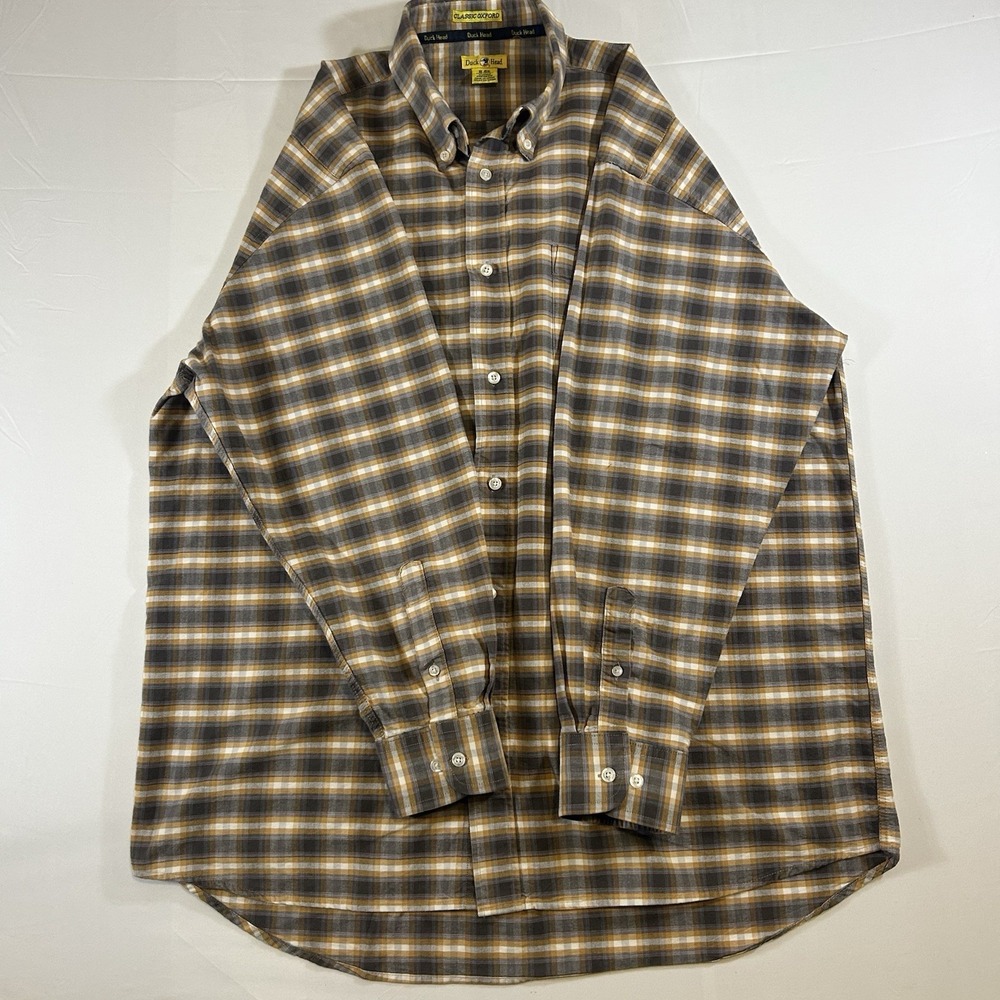 Vintage Duck Head Flannel Shirt Mens X-Large Plaid Cotton Button Down Blue/Brwn